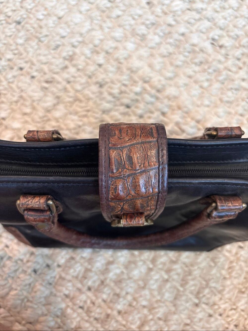 Vintage Brahmin black Leather Satchel Bag Croc Embossed Top Handle Handbag, quie - Picture 8 of 13
